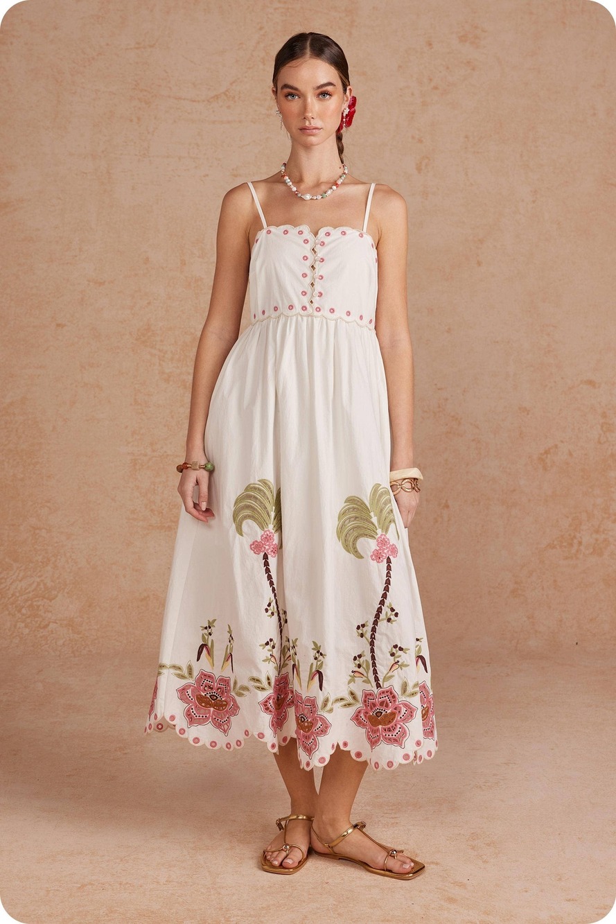 Strut & Bolt Embroidered Palm & Floral Scalloped Midi Dress